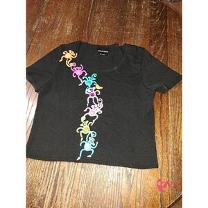 Vintage Med Michael Simon Black Short Sleeve Embellish Monkey Knit Sweater Shirt